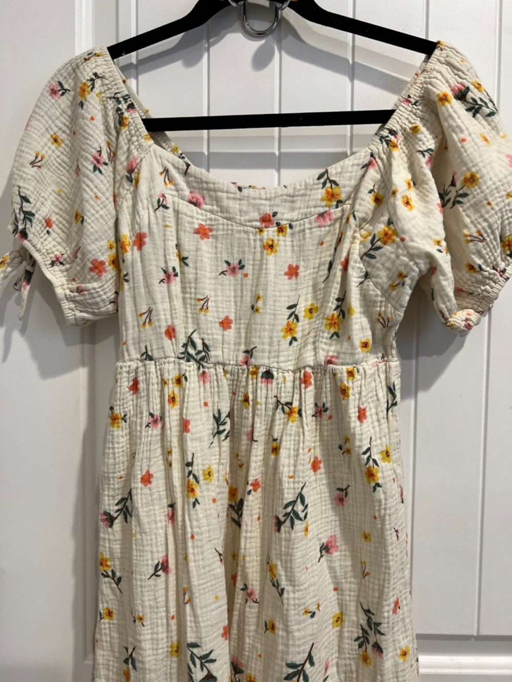 100% Cotton Cream Floral Puff Sleeve On/Off Shoulder CottageCore Boho Midi Dress